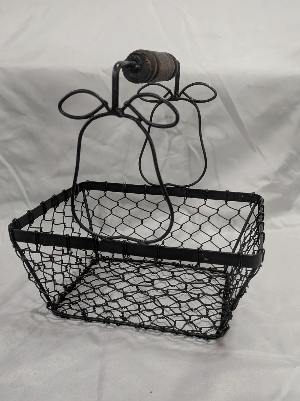 Vintage Farmhouse Wire Egg Basket with Wood Handle & Wire Pear Accents